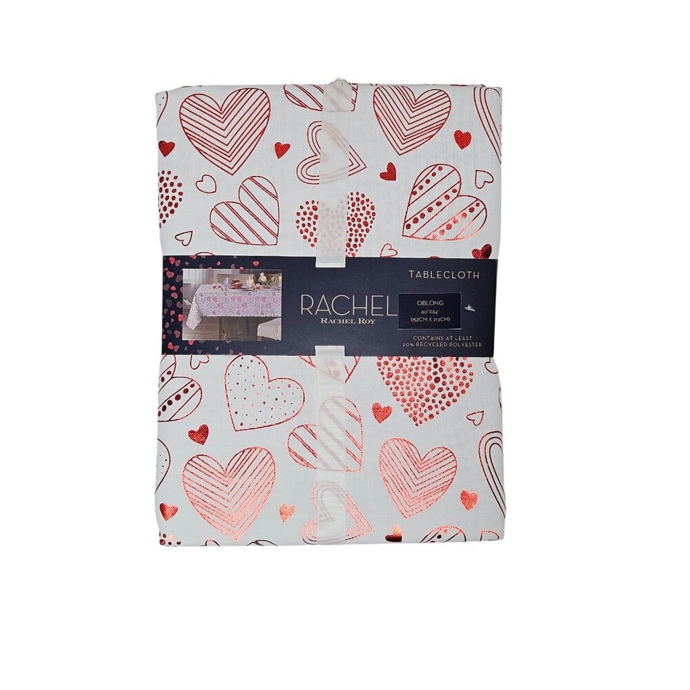 Rachel Roy Red Tablecloth 60"x 84" Oblong Metallic Foil Hearts Valentine’s Day